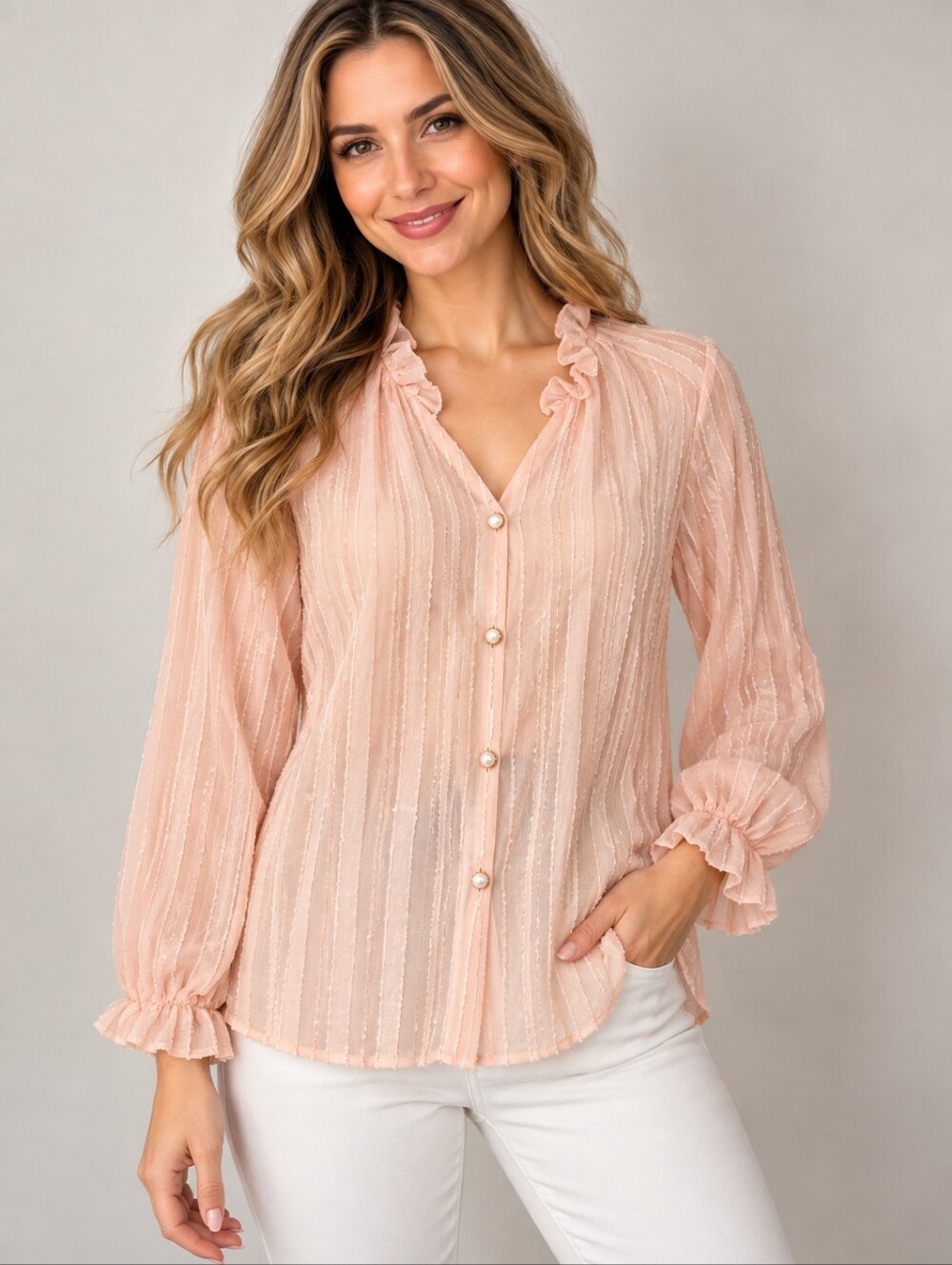 Light Pink Ruffle Pearl Button Feminine Coquette Long Sleeve V-neck Blouse
